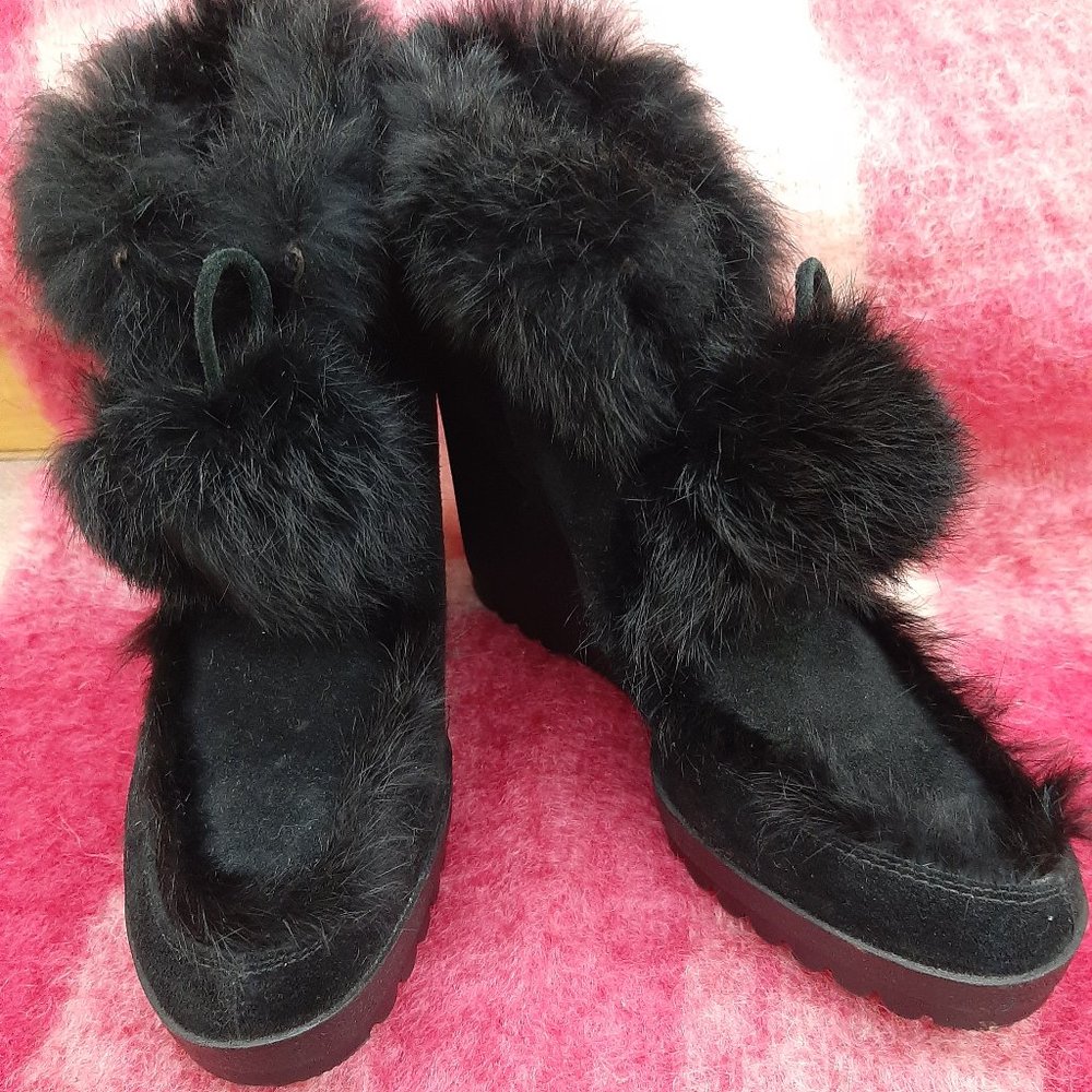 COACH Kataya Black Suede and Fur Wedge